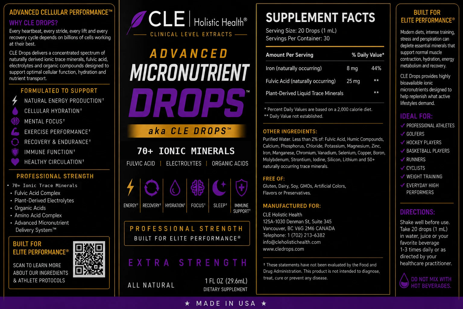 CLE Drops full product label with supplement facts and directions