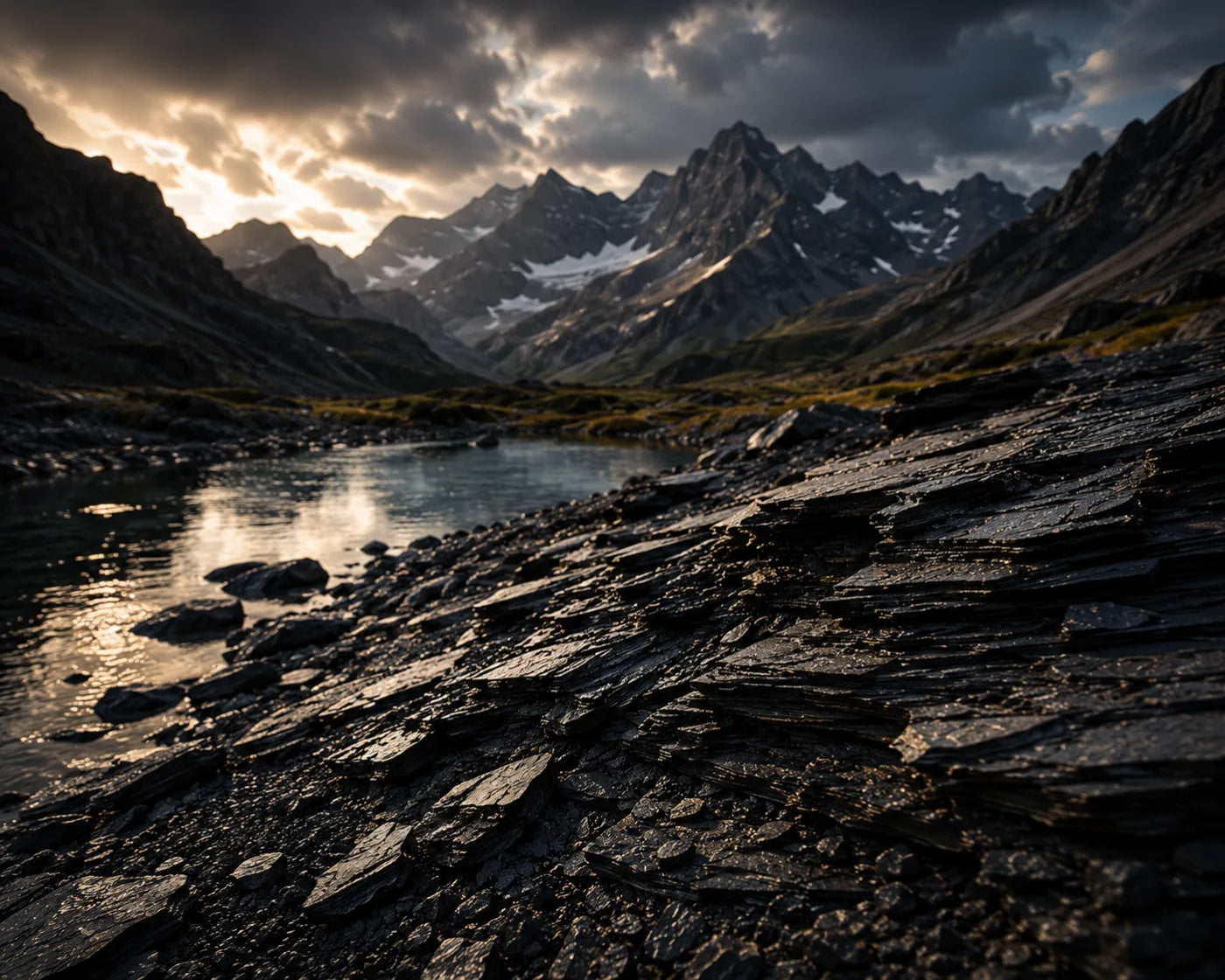 Prehistoric shale deposit in a mountain landscape